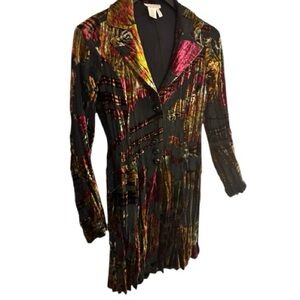ALBERTO MAKALI Late 90s Black Floral Paisley Crushed Velvet Crinkled Duster Sz L